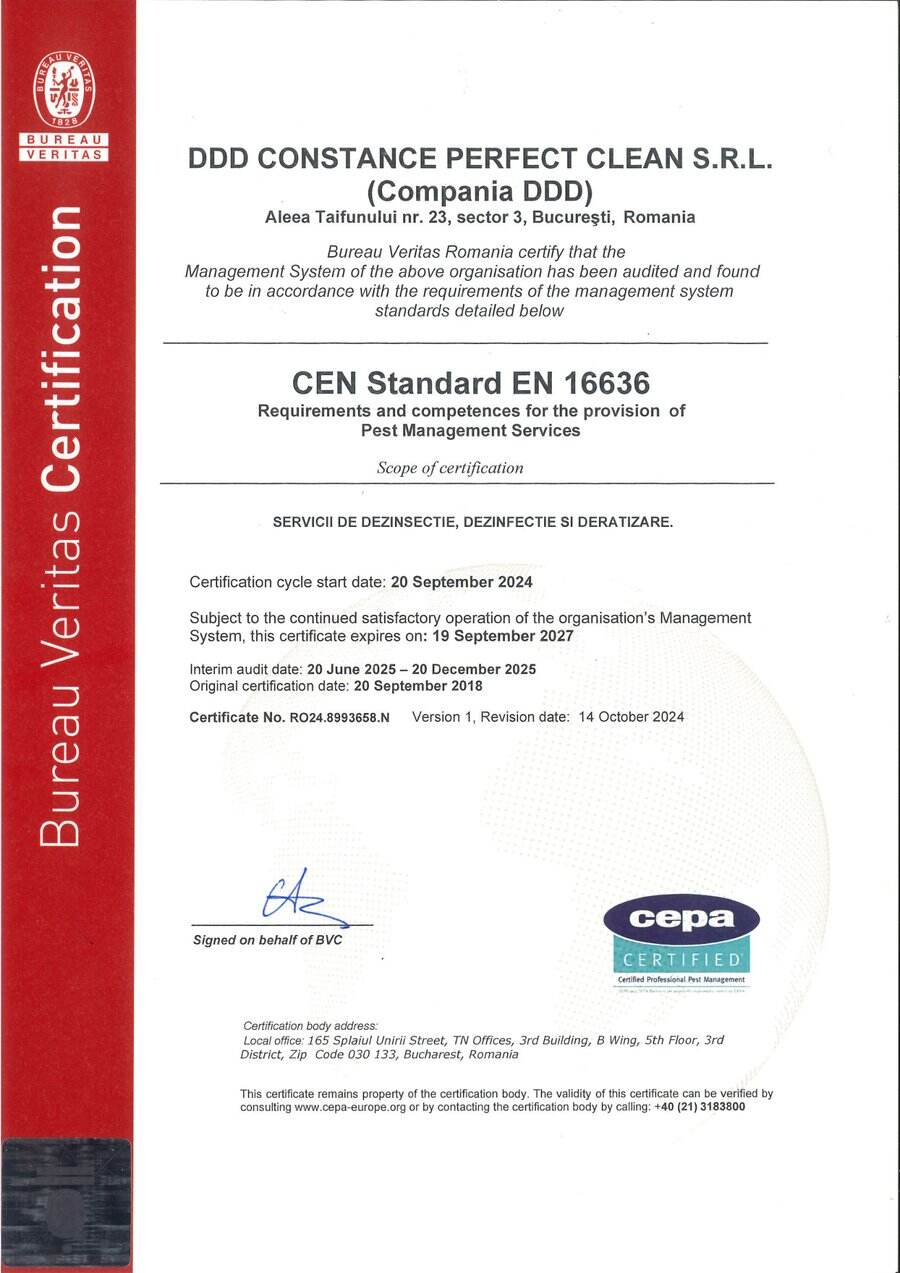 Certificatul CEN EN 16636 al Compania DDD, emis de Bureau Veritas Certification, nr. RO24.8993658.N